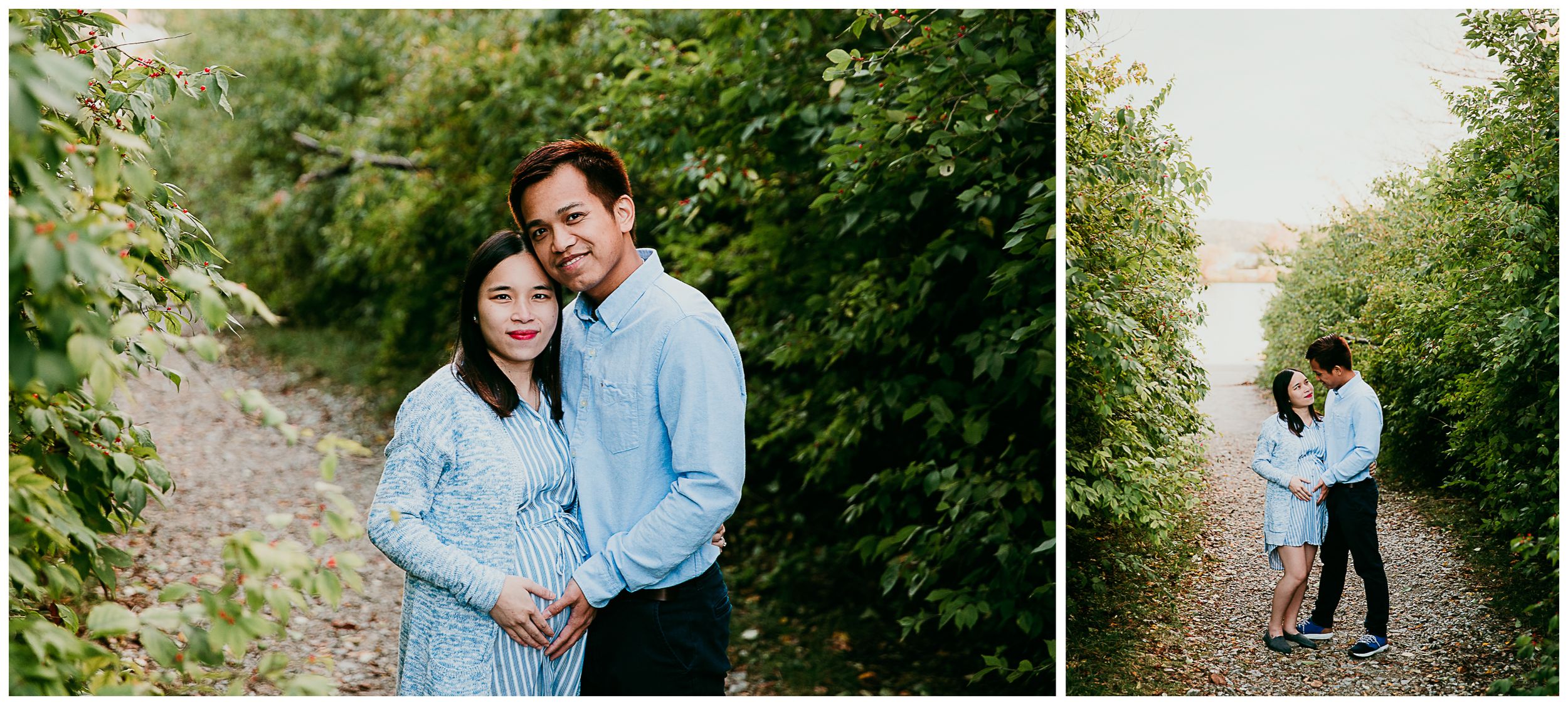 couple on a path lined with thick lush green bushes