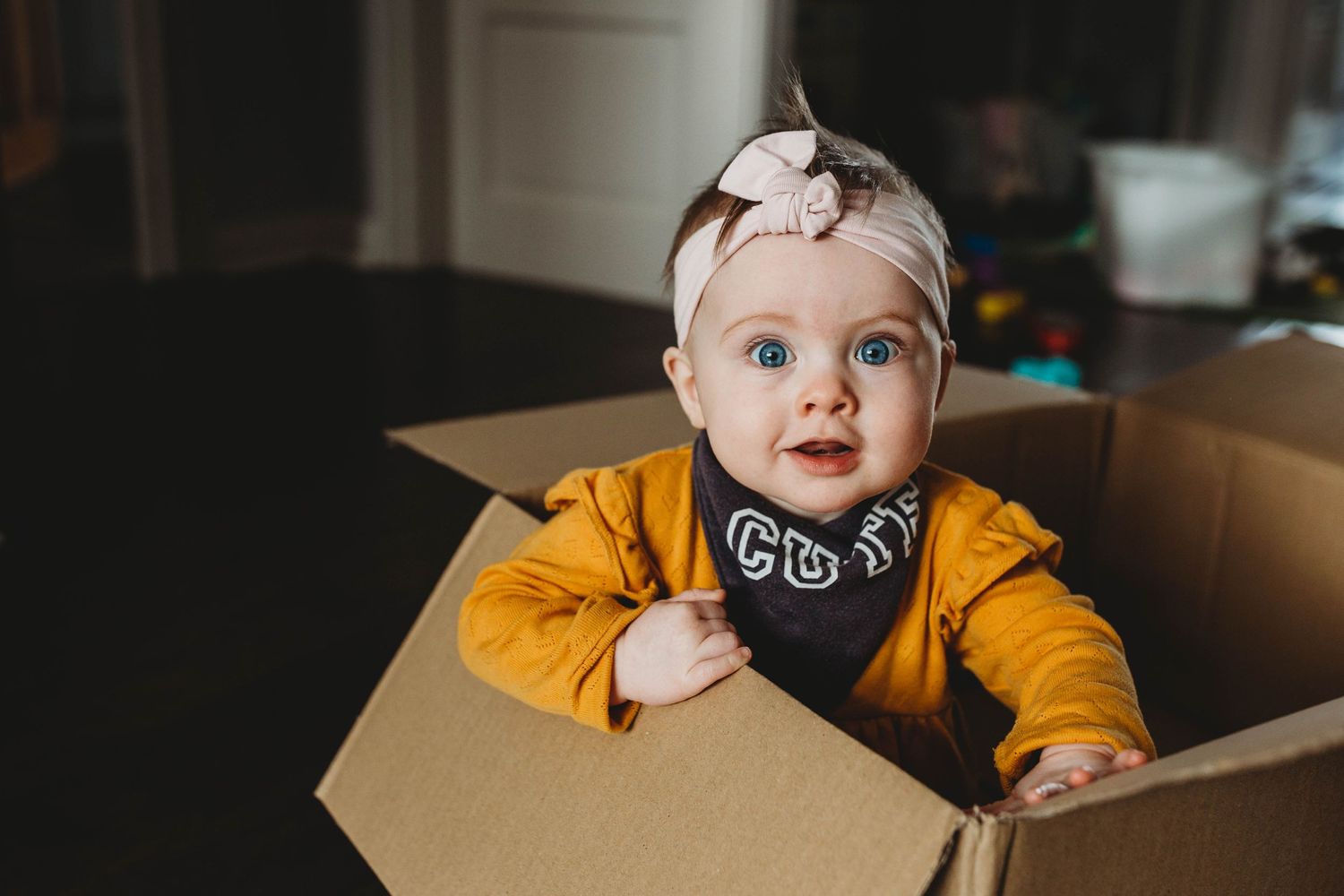 small baby girl sitting in a cardboard box