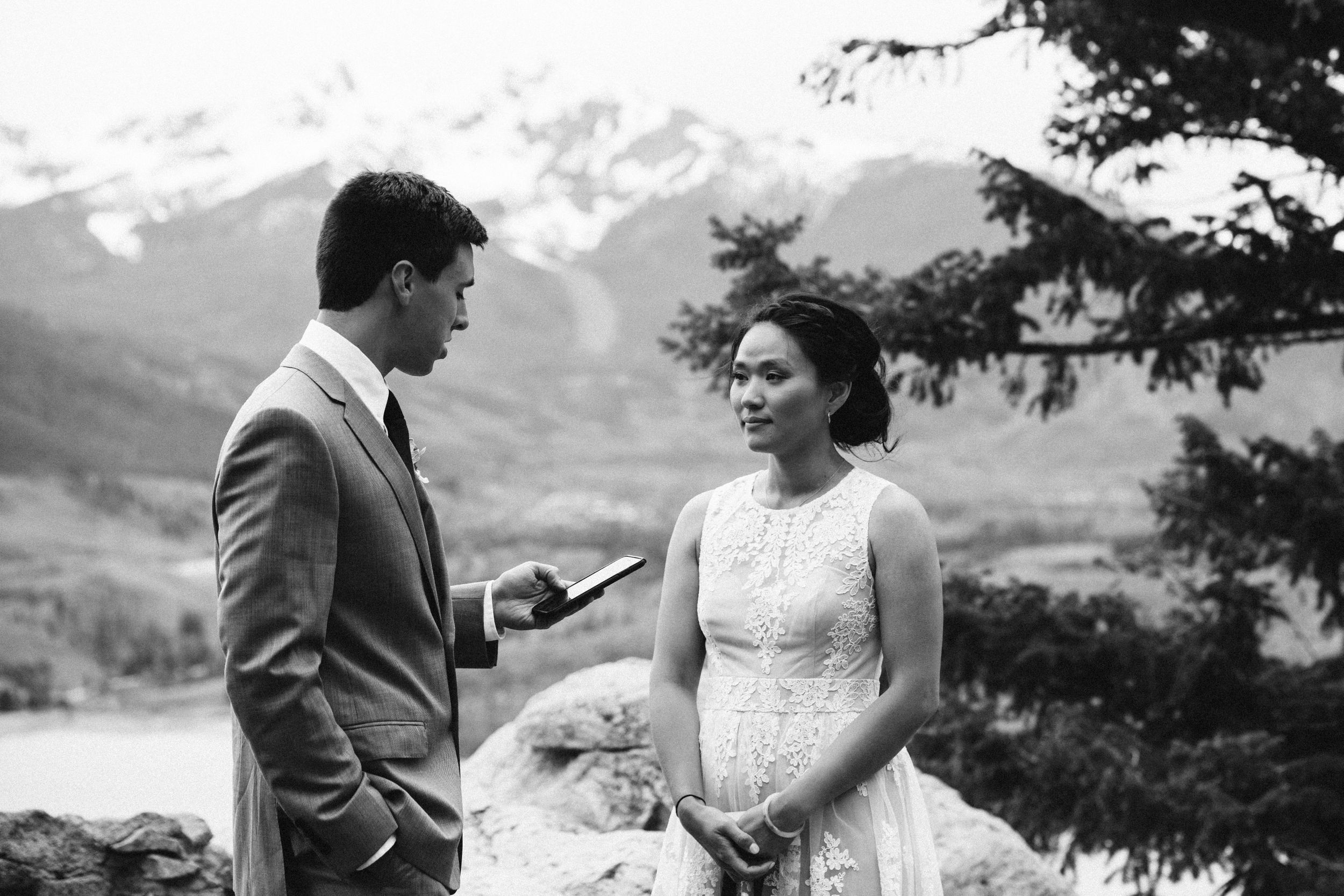 Emotional vow exchange in Colorado mountain wedding
