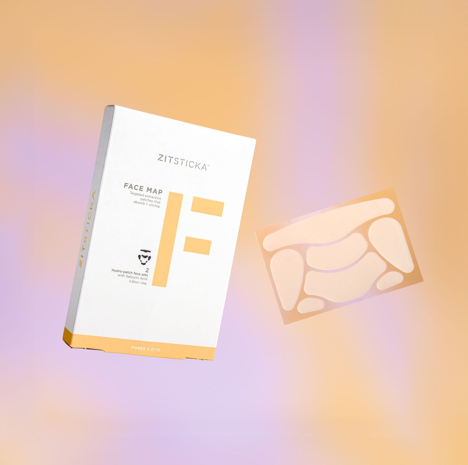 Zitsticka face mask packaging and skin product on pastel gradient background with abstract geometric design.