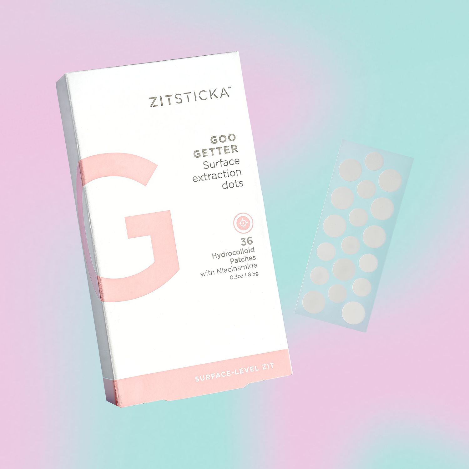 Zitsticka acne treatment packaging with pill strip on pastel gradient background.