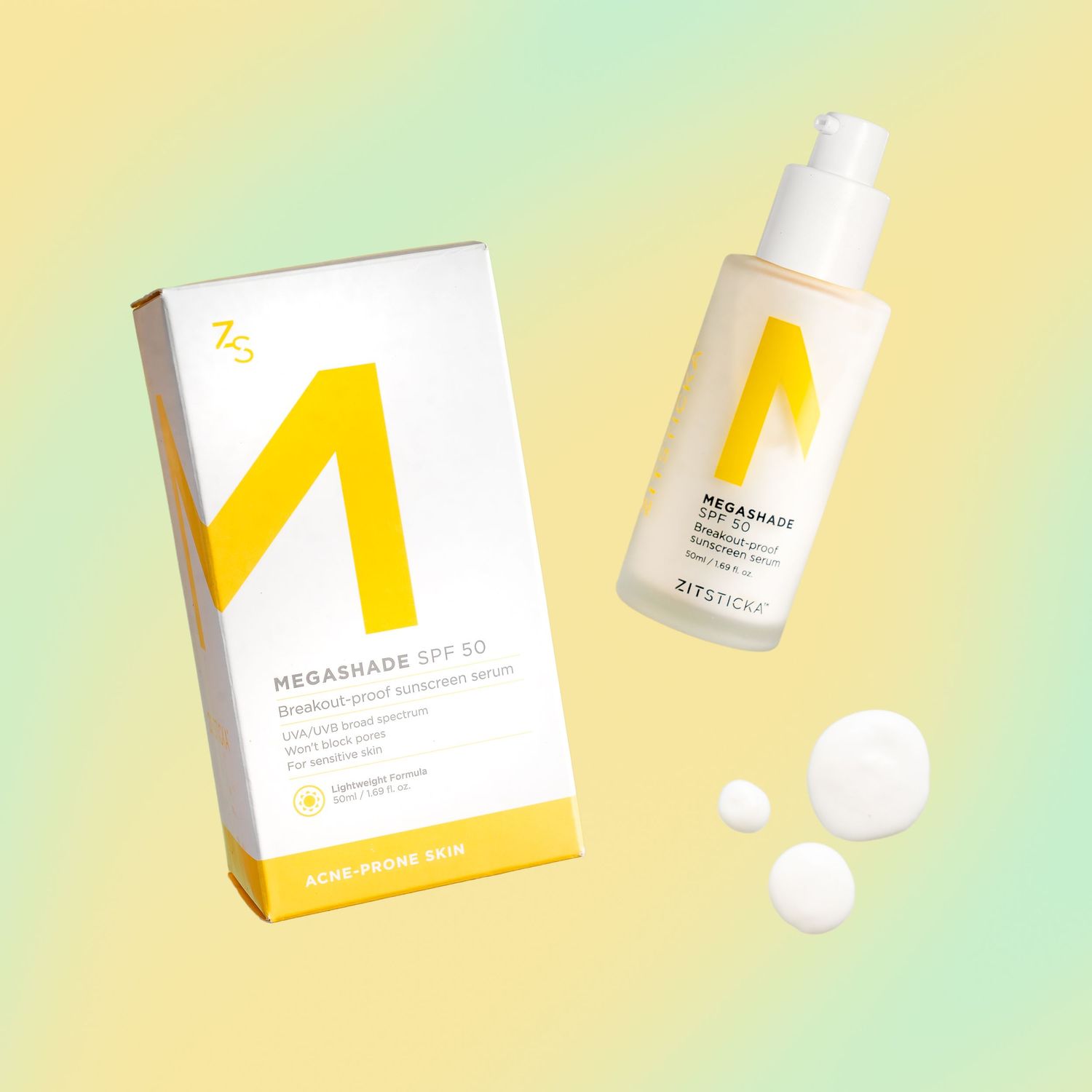 Yellow branded skincare product box and bottle with white pills on pastel gradient background.