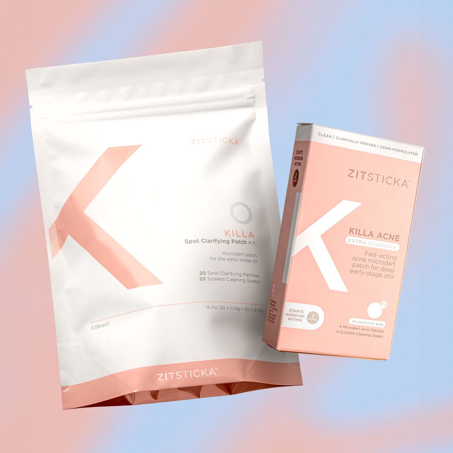 Zitsticka skincare products featuring pink packaging and white pouch on blue gradient background.