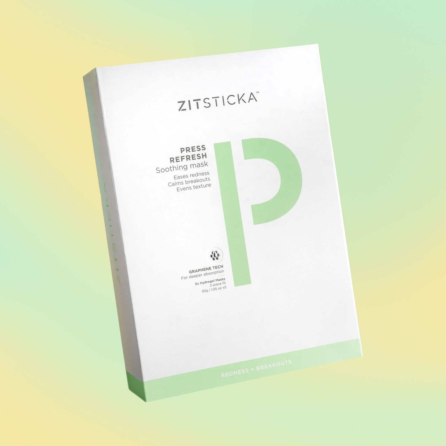 White Zitsticka Green Defense skincare product box on pastel gradient background.