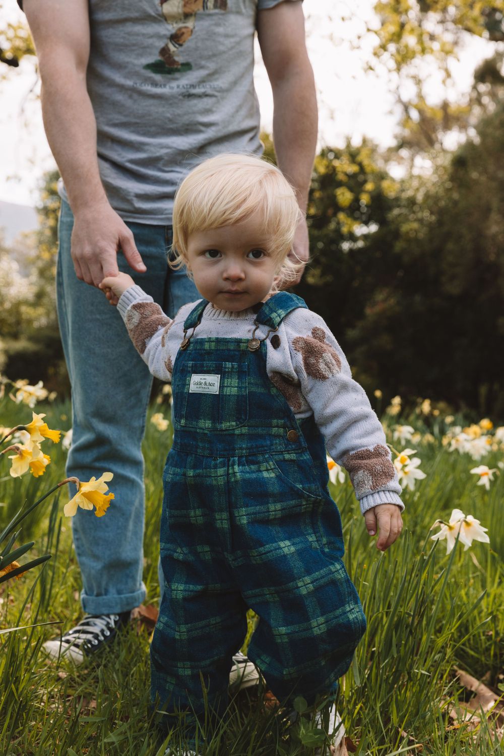 A toddler in blue overalls stands among blooming spring daffodils while holding a hand.
