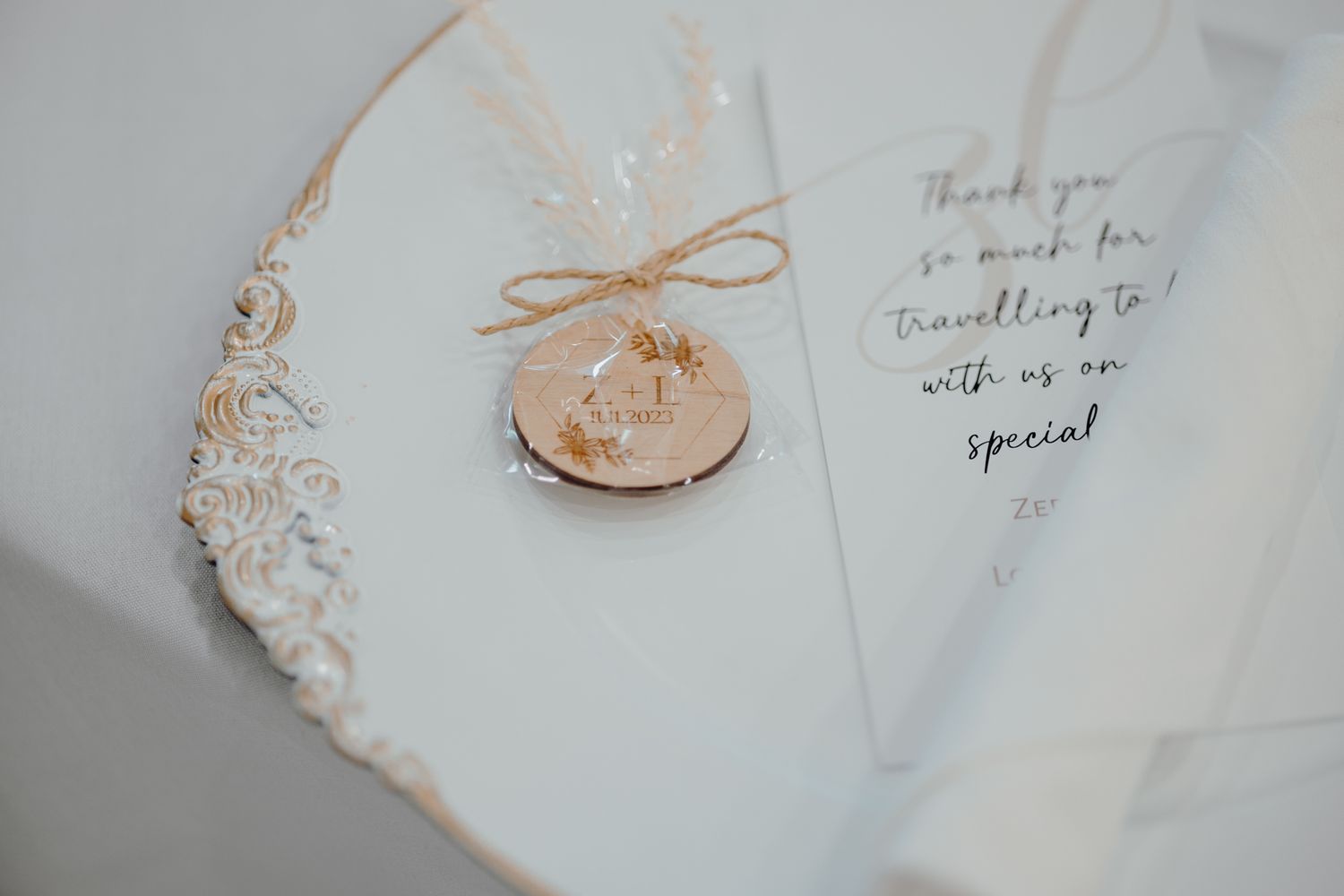 Close-up of delicate wedding favor tag and lace detail with handwritten thank you note.