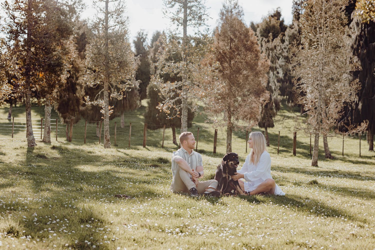 Engaged Couple with their dog hanging out for their engagement shoot with Apertured Media-Auckland Wedding Photographer