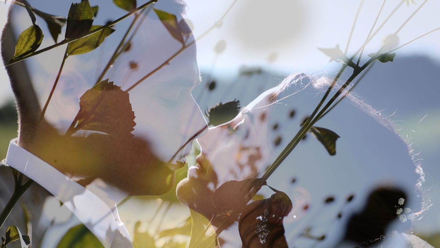Sunlight filters through delicate white fabric creating an ethereal wedding scene.