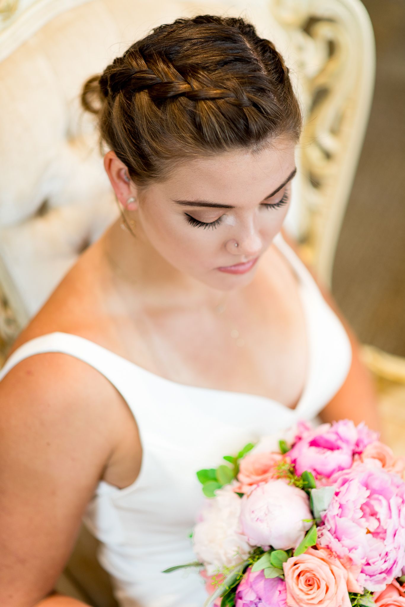 bride looking down at bouquet, colorful, wedding, close-up, Benison, Cincinnati OH