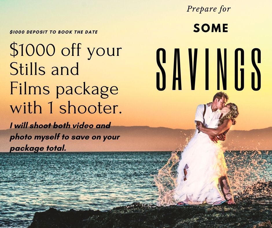Wedding photography promotional offer featuring a sunset beach scene with pricing details.