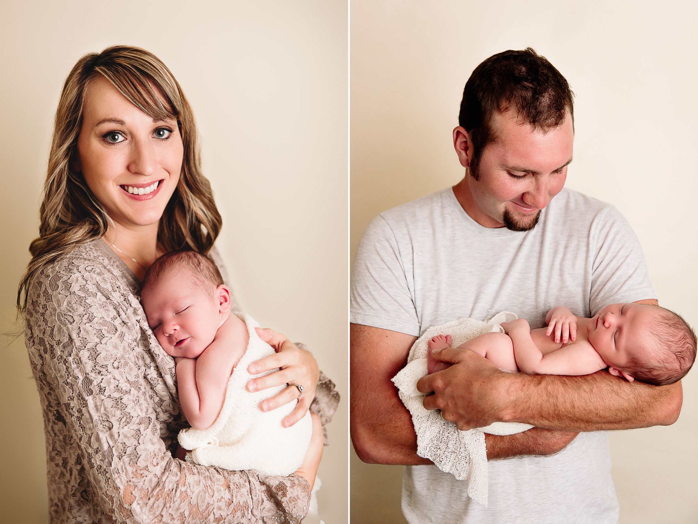 mom cuddling newborn on her chest in studio portraits taken in Independence, Missouri