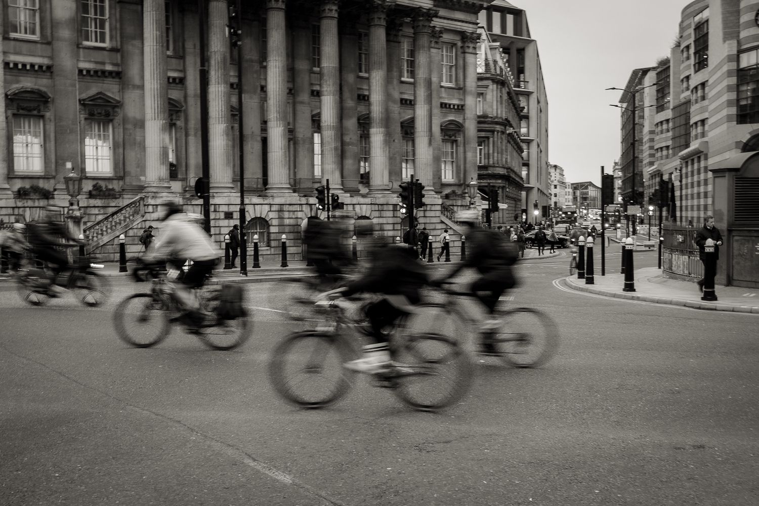 Intentional camera movement image of bikes in bank, London