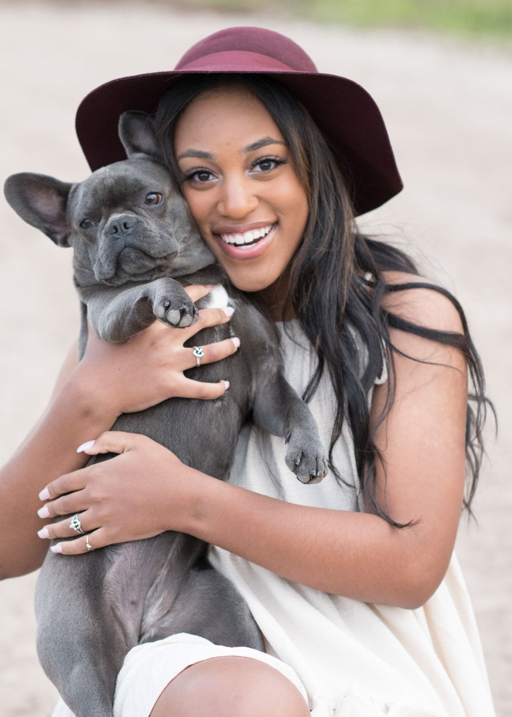 RidgePoint High School Senior Girl in a Burgundy Hat and Beige Dress with French Bulldog Sienna Plantation