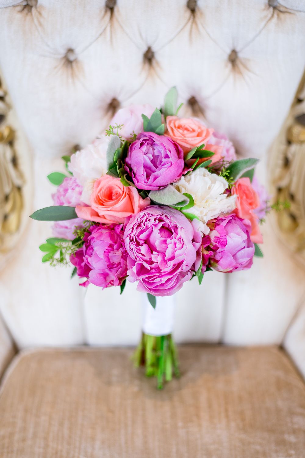 bouquet propped on chair, colorful, wedding, Benision, Cincinnati OH