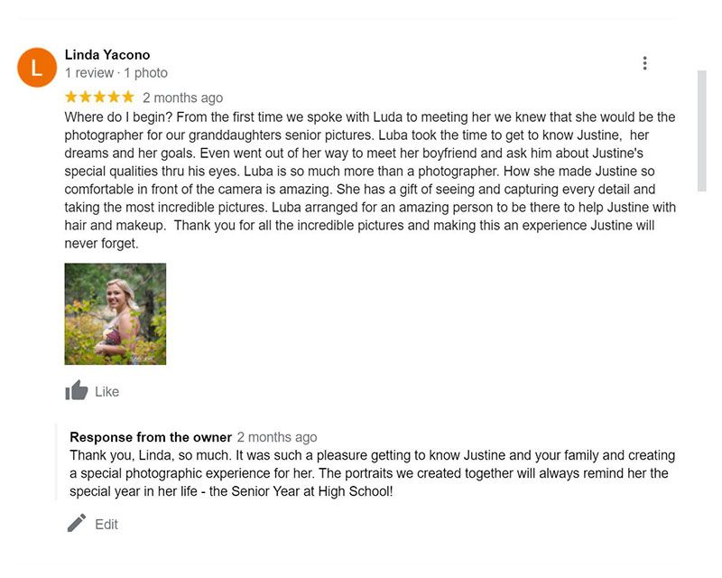 mother review of hs senior photographer luba wold in post falls