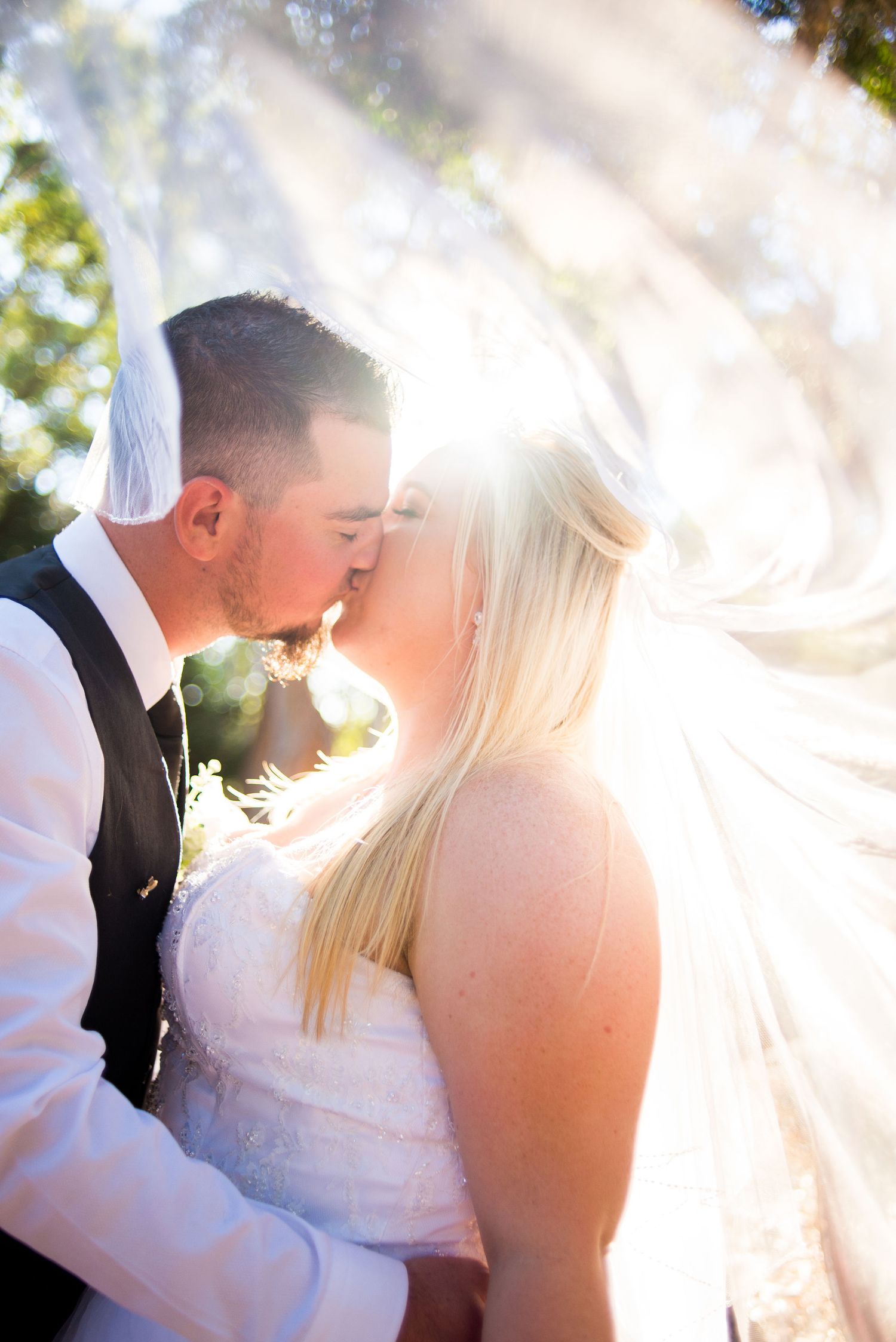Sunlit wedding portrait with veil flowing in breeze during romantic kiss.