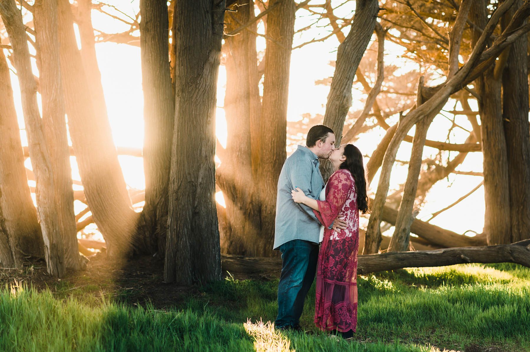 Shelby & Brent kissing in a grove of trees with light beaming between them as the sun is setting,