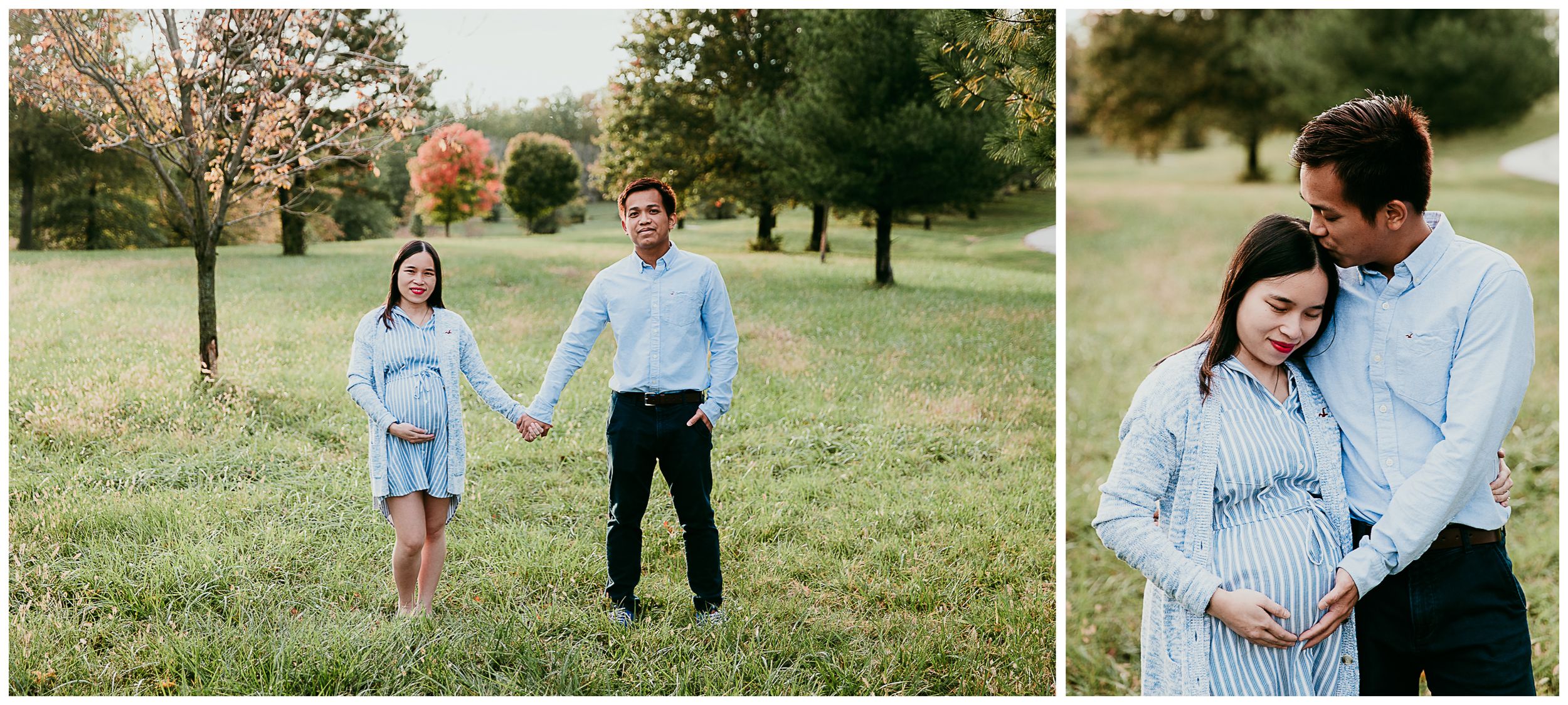 man and pregnant woman holding hands standing in grassy field