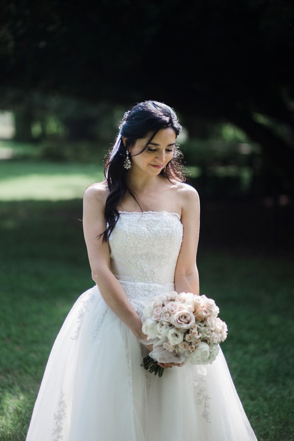 Closeup of bride with strapless gown