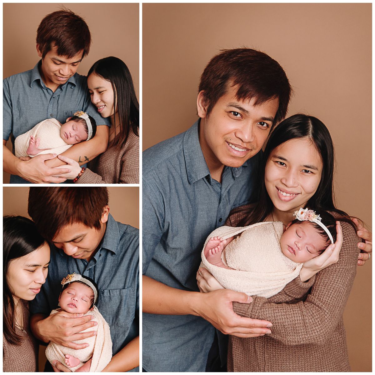 collage of family photos mom and dad holding sleeping newborn