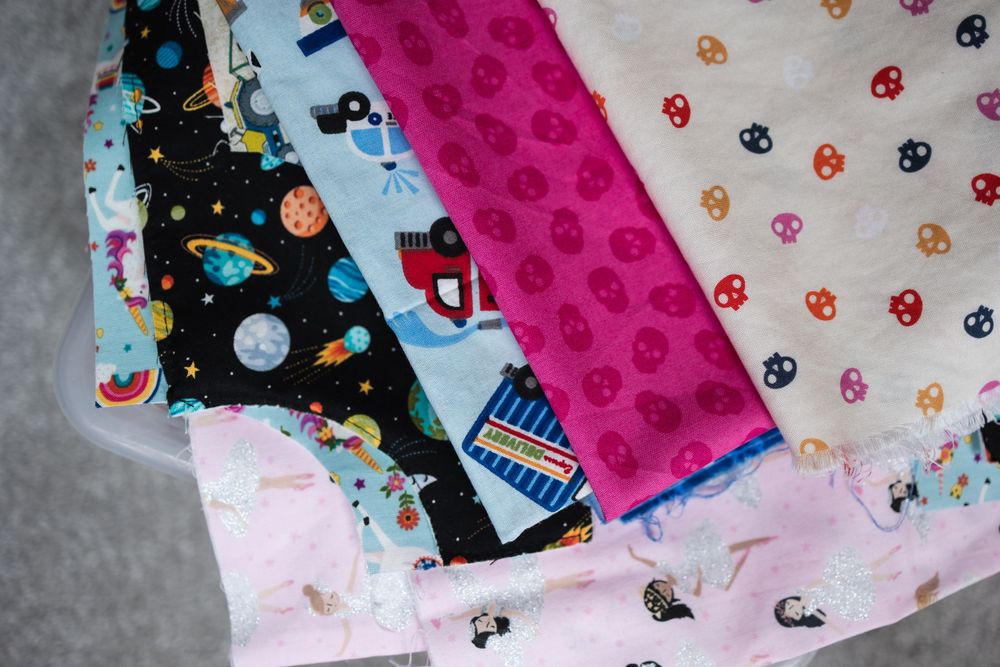 Spread of material available at Ruth's sewing studio, Barnet.