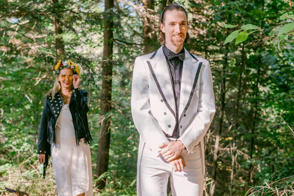 Bride and Groom First Look in Forest
