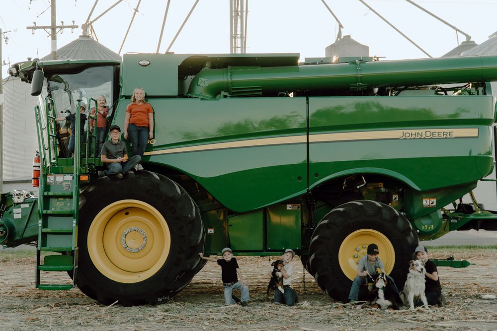 Several dogs sitting in front of a large John Deere combine harvester on farm property.