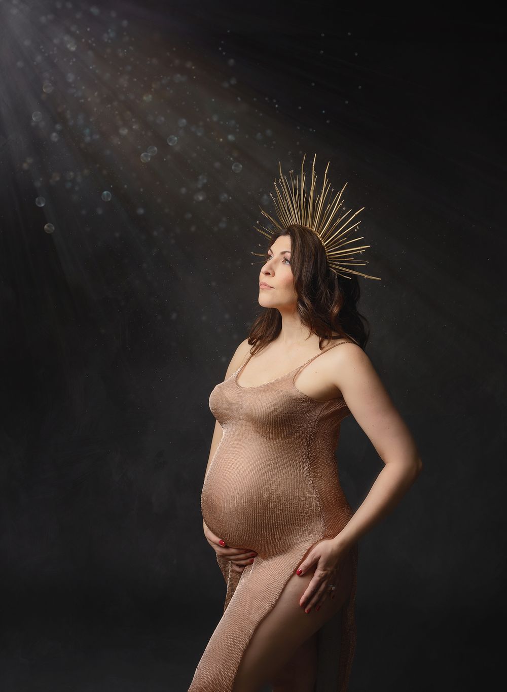 Austin Maternity Photography fine art gold maternity dress low key maternity photo