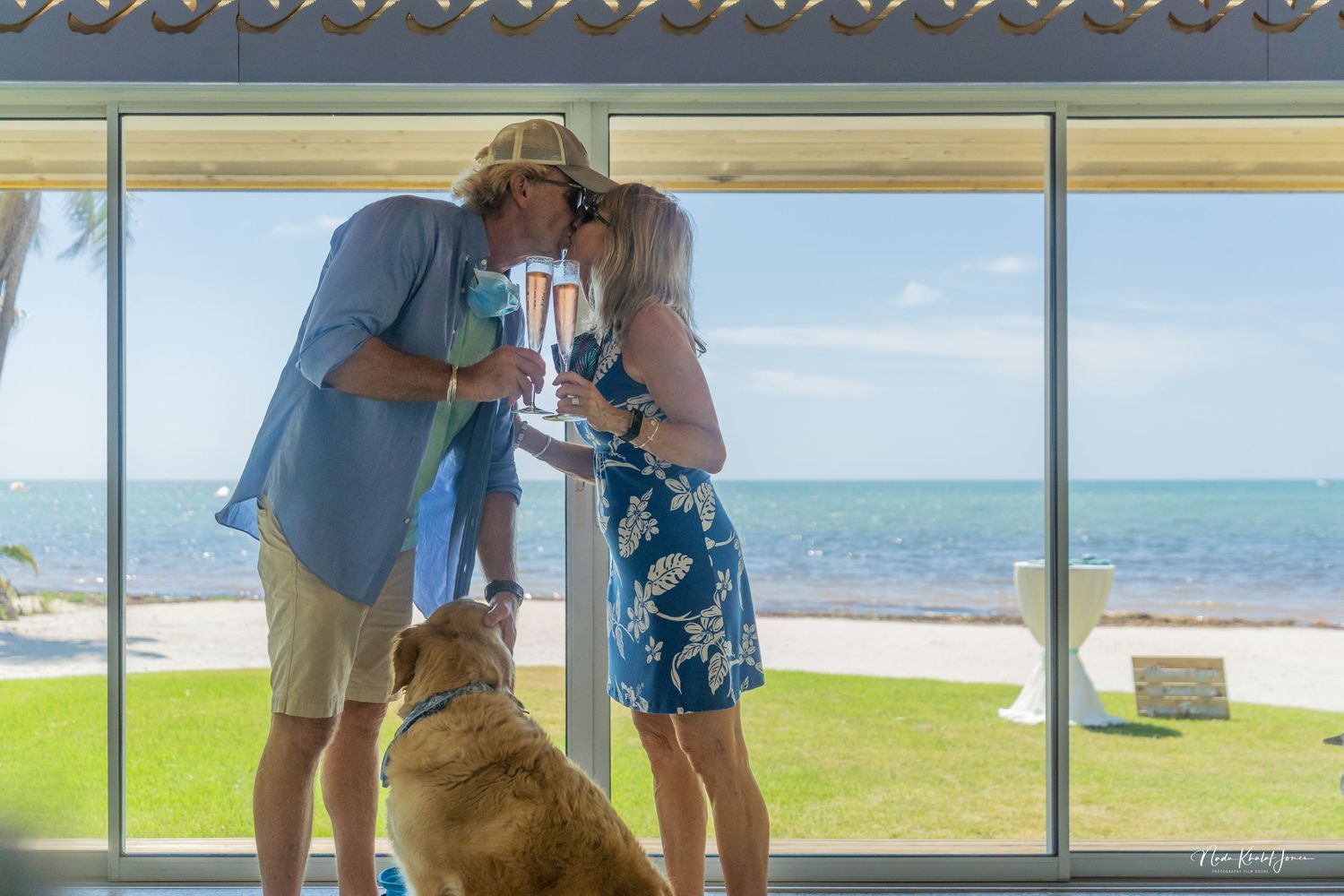 Beach house interior with large windows overlooking the ocean and golden retriever.
