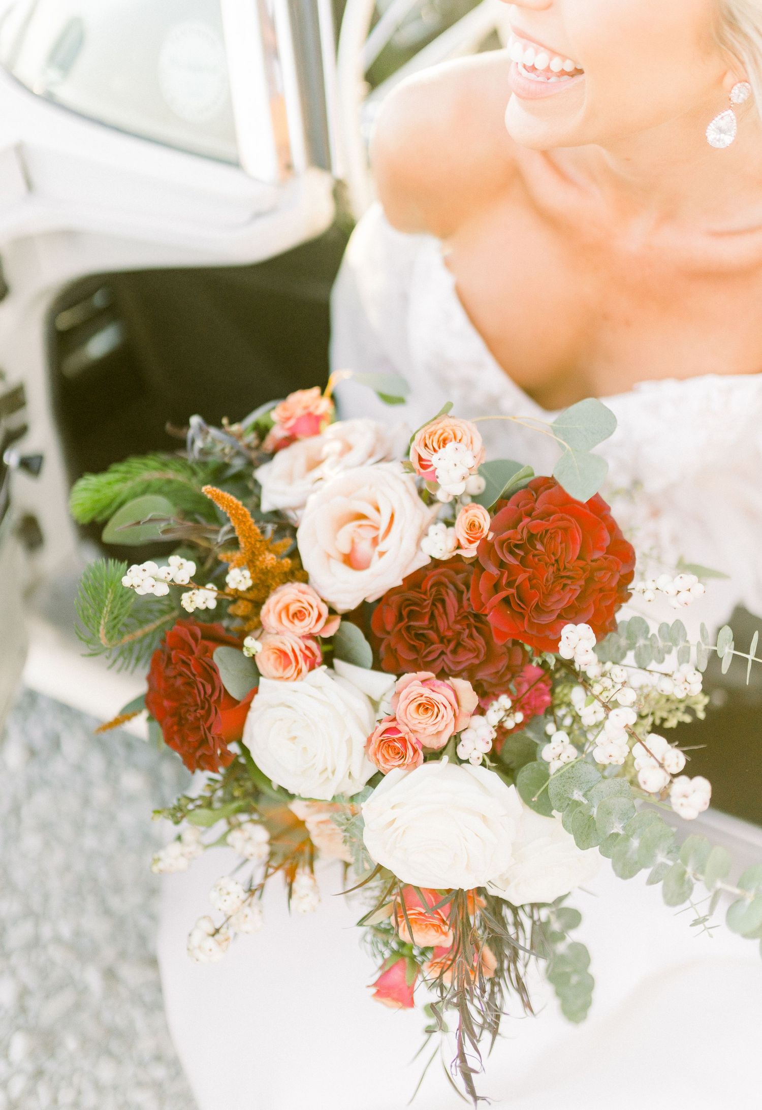 Light and airy Elopement wedding with vintage car at 1868 Farmhouse Wedding in Boone, Iowa with Modern Dress bridal gown