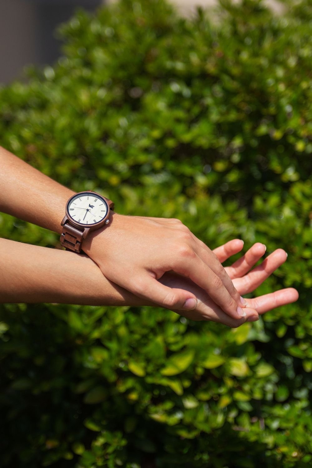 Wrist wearing analog watch with leather strap against green foliage background.