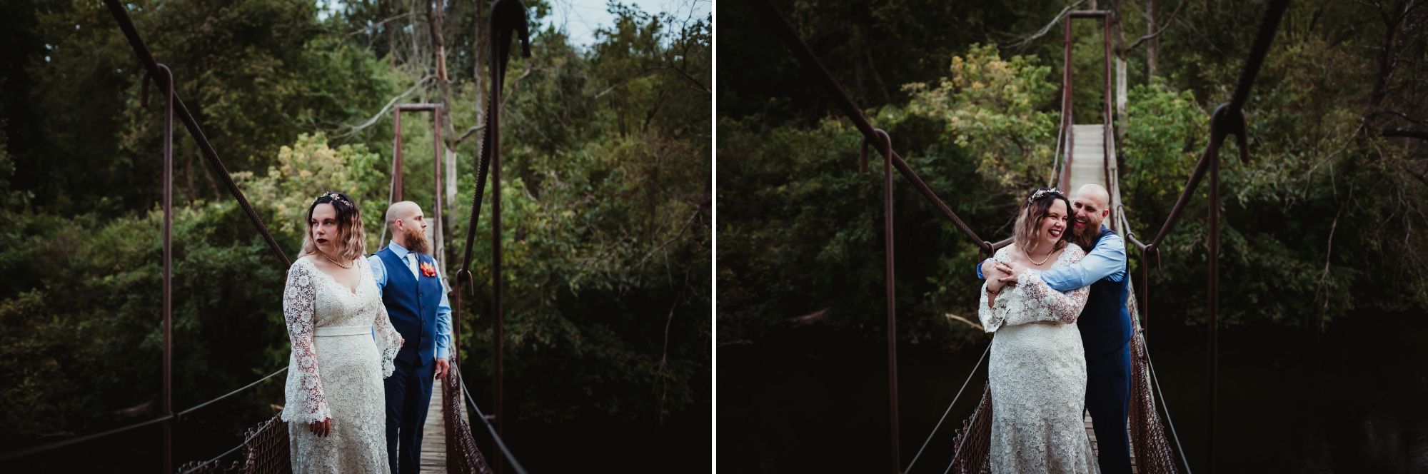 Man and woman in wedding attire embracing on a swinging rope bridge.