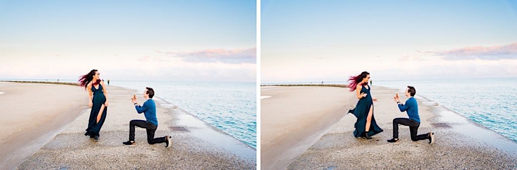 side by side of woman turning around to see her boyfriend on one knee proposing