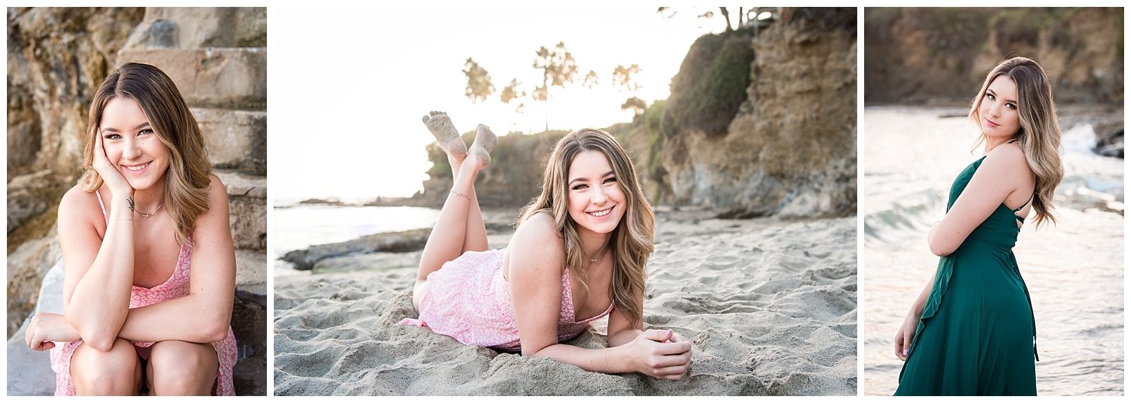 A collage of images of a high school senior girl on the beach in Laguna Beach, CA