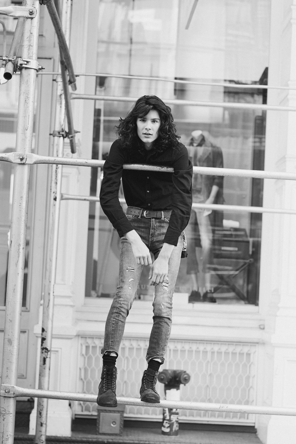 Model Ty Samatowic long dark hair Levi's Trucker Jacket Wilhelmina Models Levi's Denim Editorial Vulkan Magazine