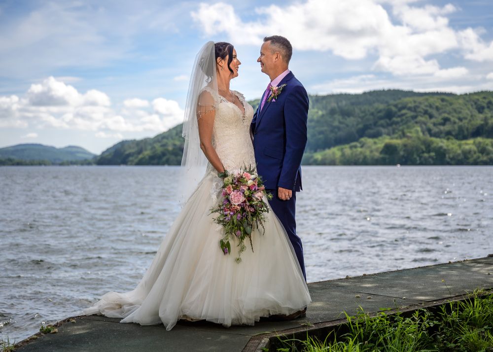 Bride and Groom beside Windermere at Cragwood Hotel