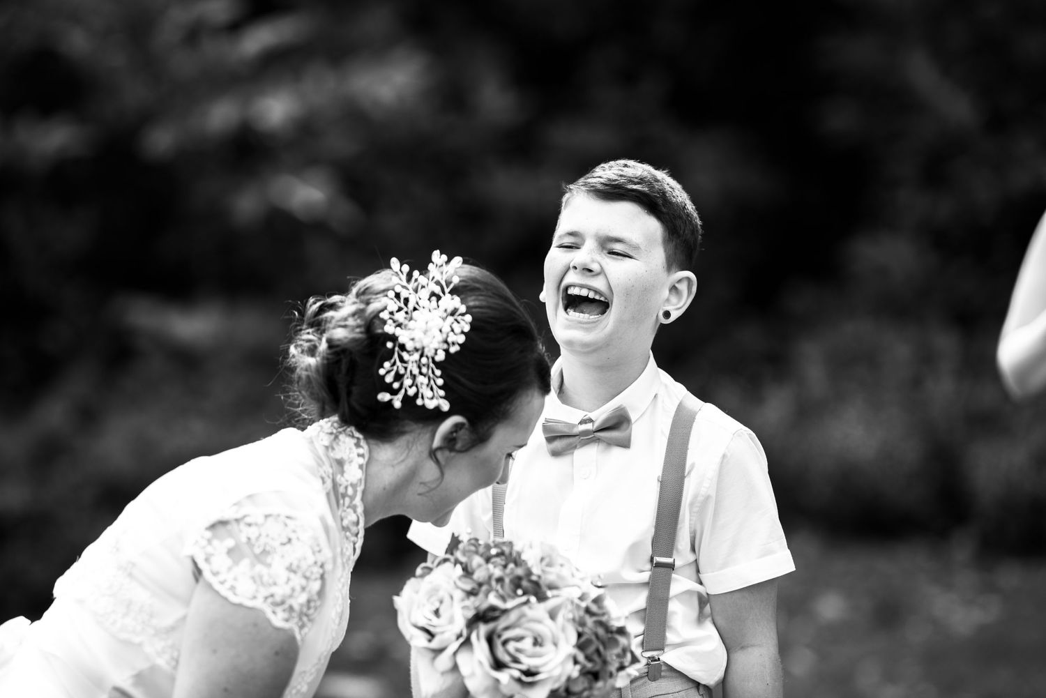 Black and white wedding image bride and son France