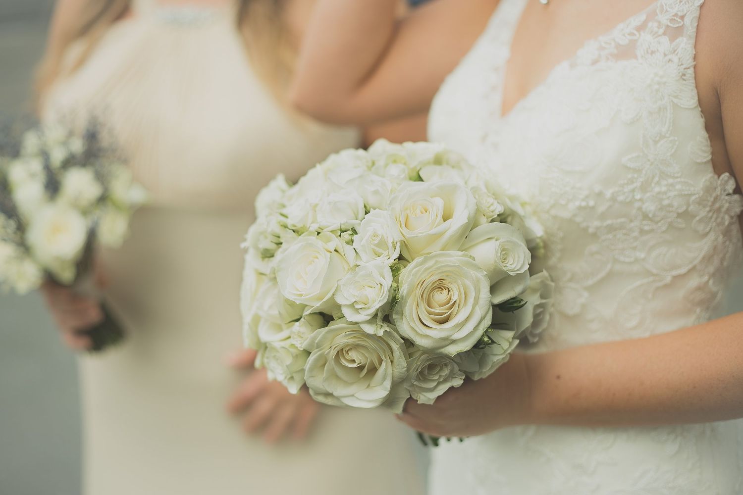 Close up of Brides flower bouquet of white roses