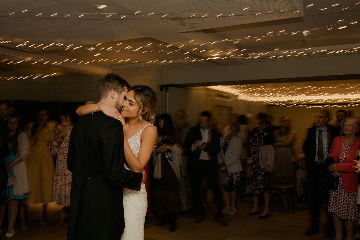 Bride and Groom embrace as they dance at the Bingham Riverhouse, London