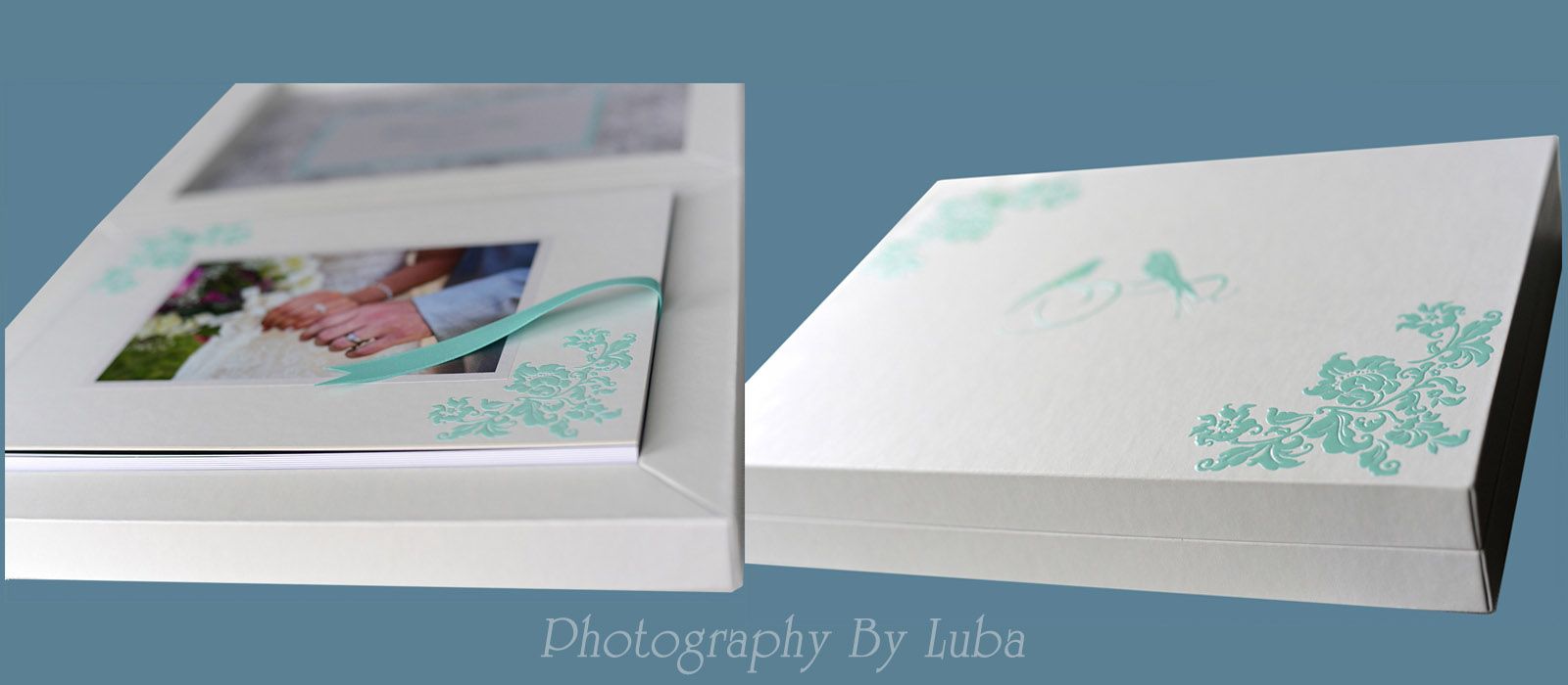 wedding story book in a white box with custom teal embroidery photographer luba wold hands with rings