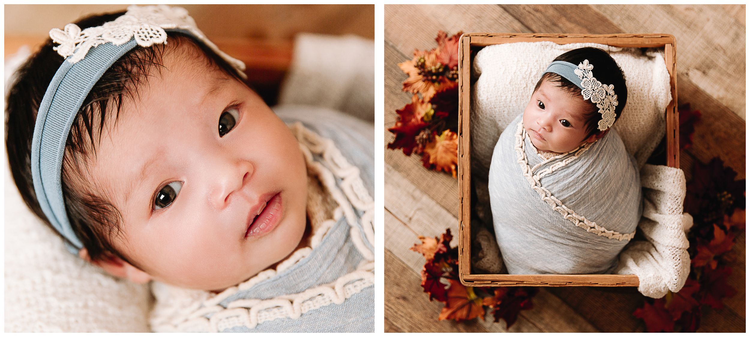 newborn photographer lee's summit, missouri baby girl in blue wrap boho style in basket