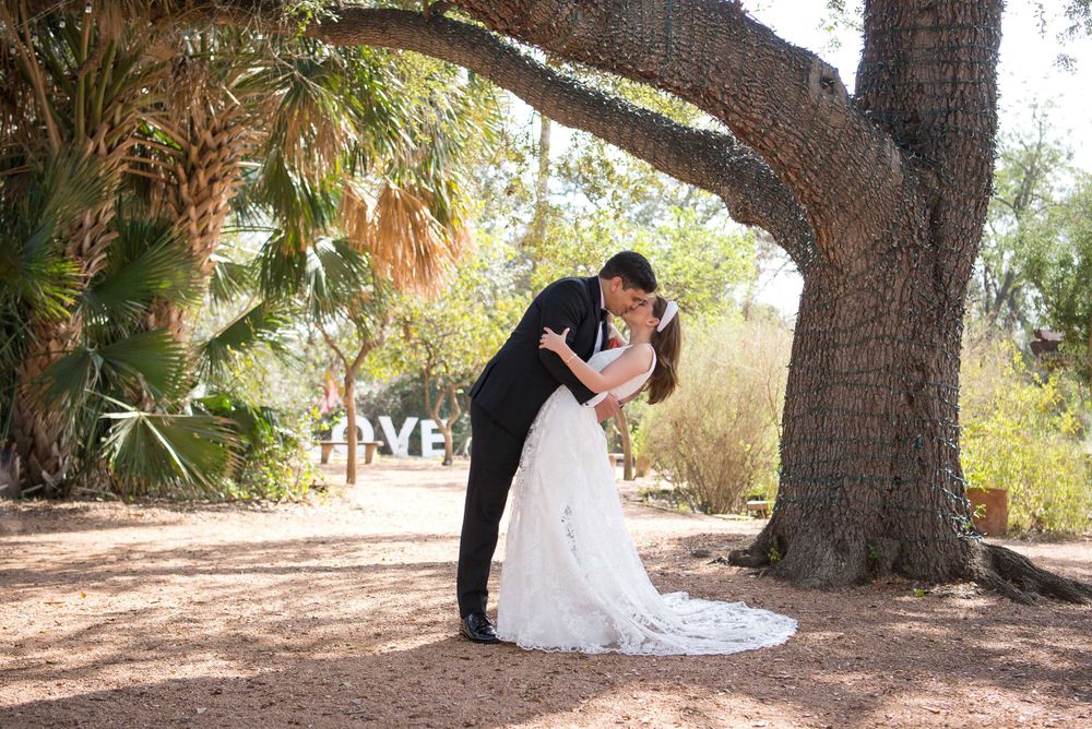 Bride and groom kissing next to a tree. Mcallen TX photographers