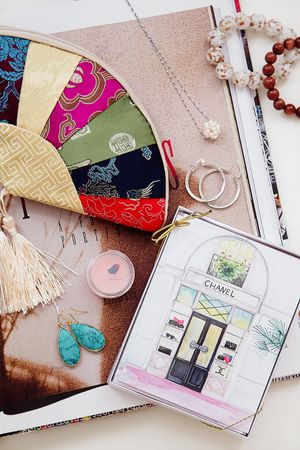 Flat-lay photography of boutique items and magazine