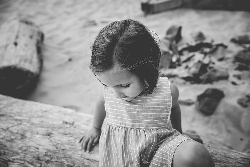 toddler girl sitting on driftwood at the beach