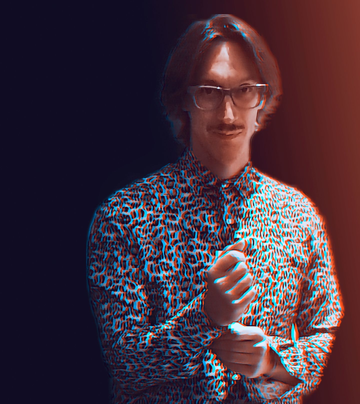 Stylized portrait with glitch effect of a person in glasses and patterned shirt.
