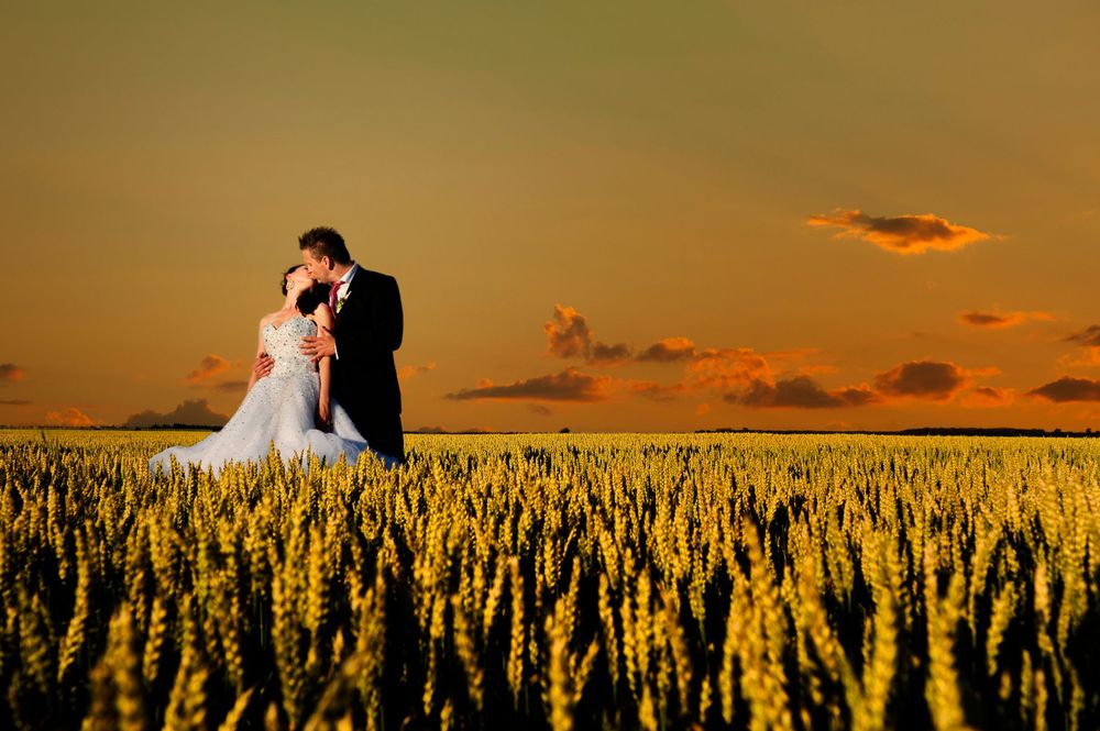 Silhouette of couple in wheat field against dramatic orange sunset sky. Vjenčana fotografija mladenaca na bajkovitoj lokaciji u Hrvatskoj
