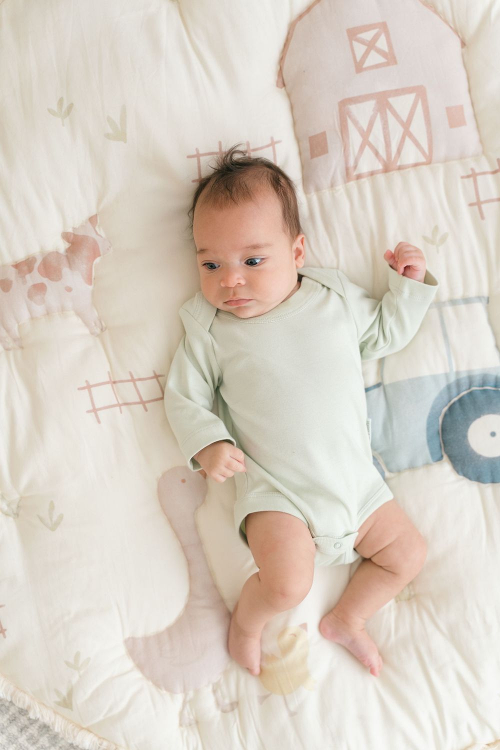 A baby in a mint green onesie lies on a quilted playmat decorated with barn and farm motifs.