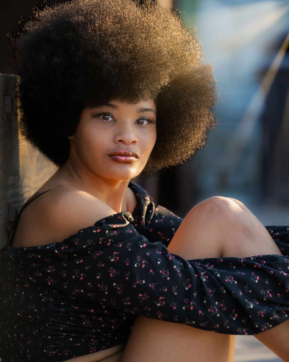 A person wearing a black floral dress poses outdoors with natural curly hair backlit by soft lighting.