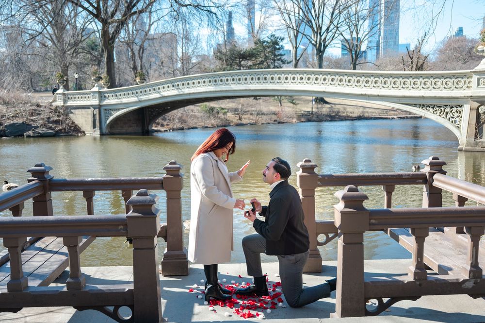A romantic proposal scene at Bow Bridge in Central Park with the ornate stone bridge and tranquil water in the background.
