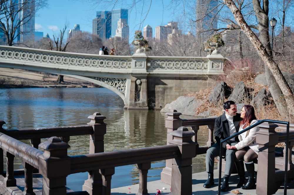 People relax by the lake at Central Park with an ornate bridge and city skyline in the background after proposal